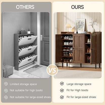 ONBRILL Shoe Cabinet with 3 Doors and Adjustable Shelves, 30 Pairs Shoe Storage Cabinet, 40 Inch Tall Farmhouse Shoe Rack Shoe Organizer Cabinet for Entryway Living Room Closet, Walnut