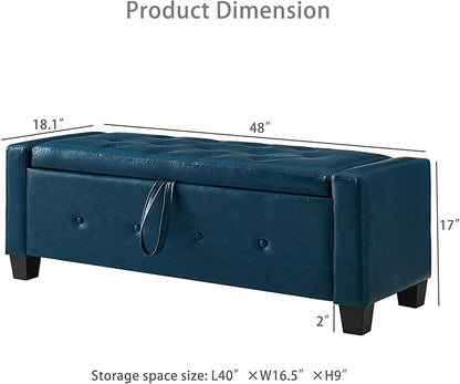 Furniliving Storage Bench, 48‘’ Upholstered PU Leather Ottoman Bench with Button-Tufted, Folding Bedroom Bench with Wood Legs, Entryway Bench for Bedroom, Navy Blue