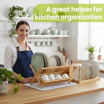 6 Pcs Plate Organizer Set for Cabinet 2 Tier Bamboo Collapsible Dish Rack with Utensil Holder Plate Holder and Mat for Kitchen Organizer Cabinet Pot Lid, Bowl, Cup, Chopsticks, Utensils