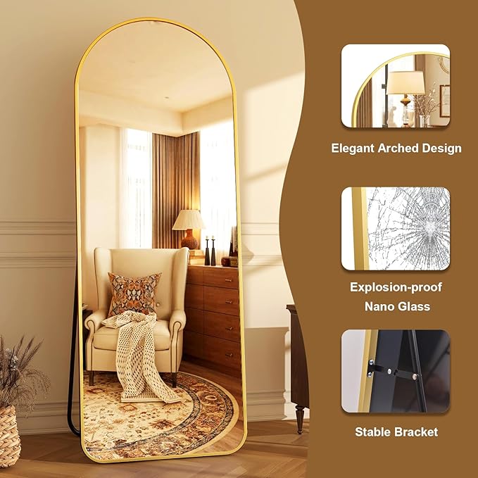 HARRITPURE 64"x21" Arched Full Length Mirror Floor Mirrors with Aluminum Alloy Frame Free-Standing Wall Mounted or Leaning Large Bedroom Dressing Mirror Modern & Contemporary Decor for Home,Gold