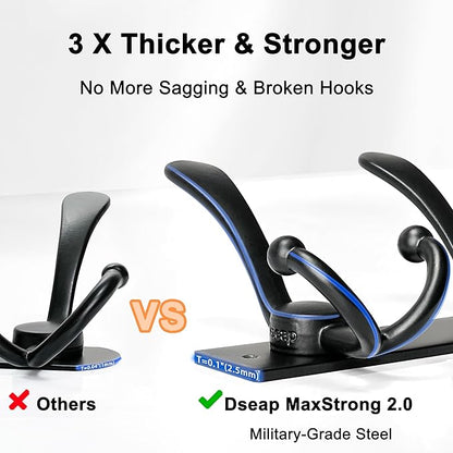Dseap Coat Rack Wall Mount 2.0 Pro: Heavy Duty 300% Thicker, 16" Stud Mount, Stainless Steel Wall Coat Hooks Hanger for Clothes Jackets Hats Entryway Closet, MaxStrong Series, Black