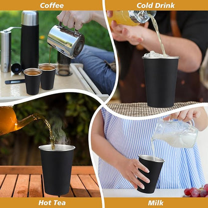 Mimorou 4 Pack 16 oz Stainless Steel Pint Cups Metal Cups Unbreakable Drinking Water Tumblers Stackable Tumbler for Adults Bar Home Restaurant Travel Picnic Camping Outdoor (Black)