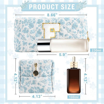 Personalized Quilted Cosmetic Bag, Puffy Monogrammed Christmas Birthday Gifts for Women & Girls, Cute initial Floral Makeup Bag Puffer Coquette Bag, Aesthetic Travel Toiletry Zipper Pouch(Blue,F)