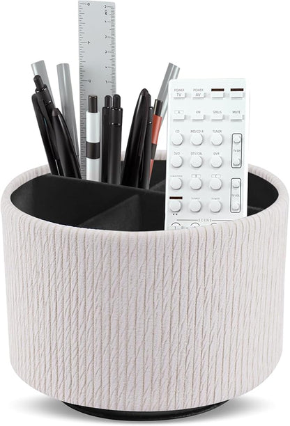Hennaja Round Leather Art Supply Organizer,Remote Control Holder,360 Degree Spinning,Multi-Functional Pencil Holder,4 Compartments Desktop Stationary Organizer(1-Wood Beige)