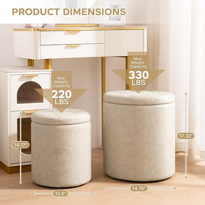 oakvivo Faux Leather Round Ottoman with Storage 12.6" W x 14.17" H & 14.76" W x 17.32" H Set of 2, Small Boucle Coffee Table Footstool with Removable Lid for Living Room, Bedroom, Beige