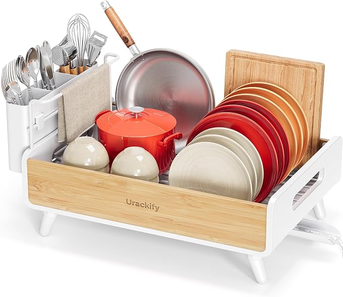 Urackify Dish Drying Rack for Kitchen Counter - Stainless Steel & Bamboo Dish Rack with Large Removable Utensil Holder, Dish Drainer with Adjustable Automatic Spout, White