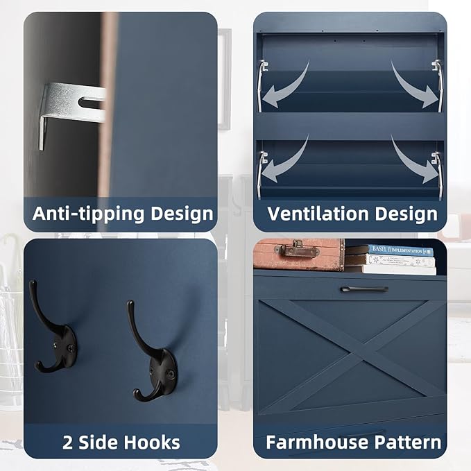Shoe Storage Cabinet with 2 Flip Drawers, Farmhouse Shoe Organizer for Entryways, Narrow Hidden Rack & Open Storage, Free Standing Closet for Foyers, Hallways, Navy Blue