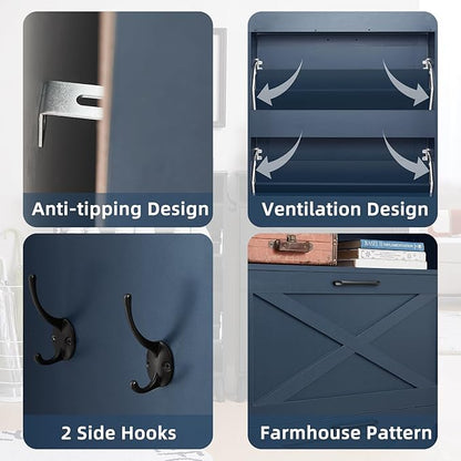 Shoe Storage Cabinet with 2 Flip Drawers, Farmhouse Shoe Organizer for Entryways, Narrow Hidden Rack & Open Storage, Free Standing Closet for Foyers, Hallways, Navy Blue
