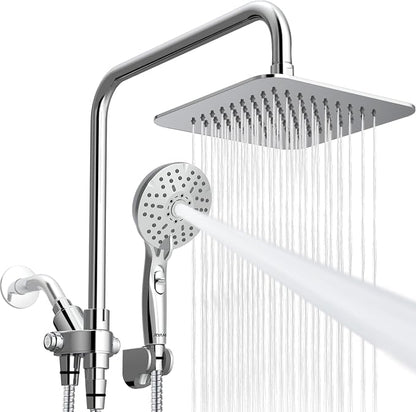 Ryamen Dual Shower Head Combo, 8'' High Pressure Rain Shower Head with Handheld Spray, 6+1 Spray Settings Handheld Showerhead, Height Adjustable, One-touch Pause Button, Chrome Polished