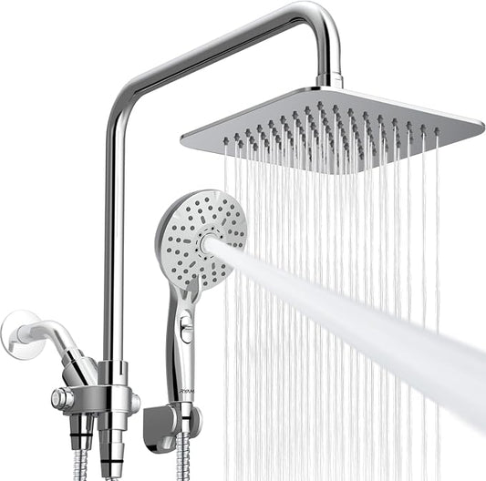 Ryamen Dual Shower Head Combo, 8'' High Pressure Rain Shower Head with Handheld Spray, 6+1 Spray Settings Handheld Showerhead, Height Adjustable, One-touch Pause Button, Chrome Polished