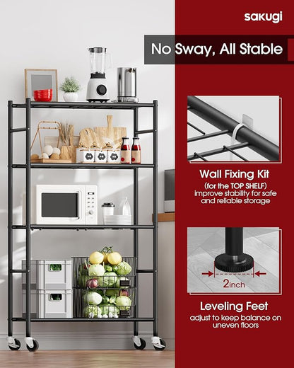 Sakugi Storage Shelves Organizer - 4 Tier Metal Shelf Organizer with Metal Wheels and Adjustable Leveling Feet, Heavy Duty Garage Shelving for Kitchen, Pantry and Closet, 33.1"x12.6"x58.9", Black