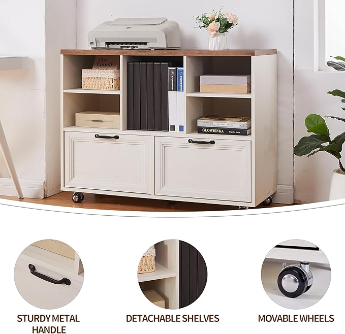 40" Farmhouse File Cabinet,Lateral File Cabinet with Wheels,Wood File Cabinet with shelve,Filing Cabinet with 2 Drawers for Legal/Letter/ A4 Size (White)