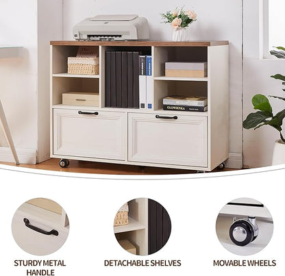 40" Farmhouse File Cabinet,Lateral File Cabinet with Wheels,Wood File Cabinet with shelve,Filing Cabinet with 2 Drawers for Legal/Letter/ A4 Size (White)