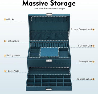 Jewelry Organizer Box with Lock,3-Layer Jewellery Storage Display Holder Case Flannel Travel Jewelry Storage Case Jewelry Display Drawer Case for Earrings Bracelets Rings Necklaces