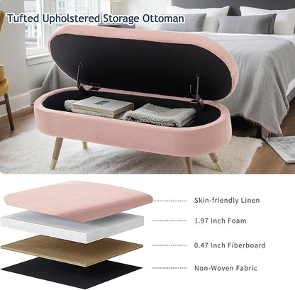 IAFIKE Oval Storage Bench 43.5" Ottoman Bench Upholstered Boucle Fabric Footrest Bench with Golden Metal Legs End of Bed for Bedroom, Living Room, Entryway,Bed Side (Pink)