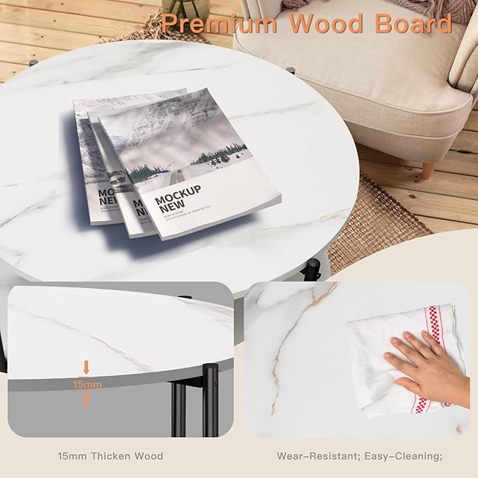 Round Coffee Table, 27.6" Circle Coffee Table for Living Room, 2-Tier Wood Accent Center Table with Open Storage Industrial Design Home Furniture, White