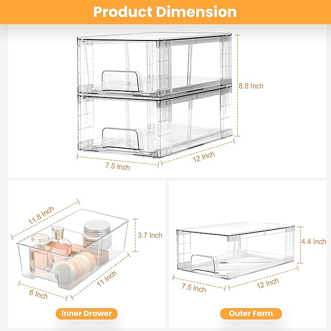 4 Pack Stackable Storage Drawers,Plastic Organizers Bins, Drawers Storage with Handles and Movable Dividers for Organization and Storage in Fridge,Bathroom, Pantry, Kitchen Cabinets, Under Sink