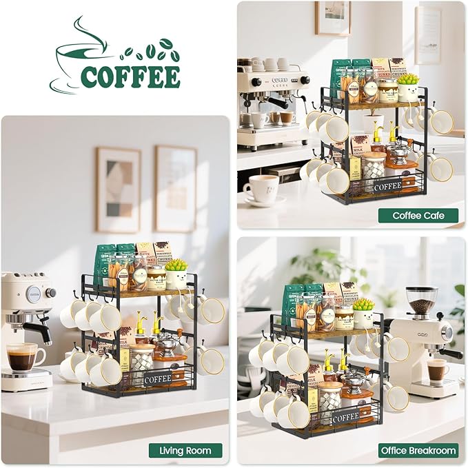 EsLuker.ly Coffee Mug Cup Holder Tree Bar Station Organizer, 2 Tier Mug Stand Rack for Countertop Kitchen, Storage Tower Display Shelf with 12 Hooks, Coffee Nook Enhancer