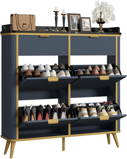 Shoe Cabinet with 4 Flip Drawers and 2 Drawers, Modern Fluted Wood Shoe Storage with Adjustable Shelves, Narrow Slim Shoe Organizer for Entrance, Foyer, Hallway, Navy Blue