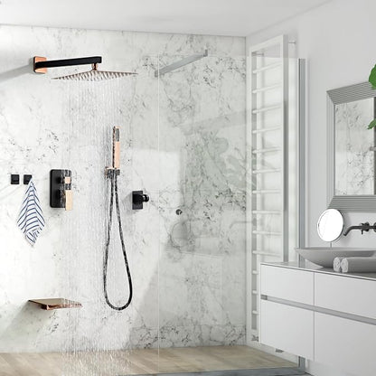 Rainfall Shower Faucet Set with Tub Spout 10 Inch, Shower Head and Handle with 2 Hooks, Rain Shower and Handheld Shower System Square Wall Mount for Bathroom