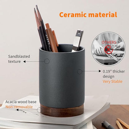 Pen Holder for Desk, Ceramic Pencil Organizer & Makeup Brush Holder, Office Decor and Desk Accessories，Perfect Office Organization,Teacher Supplies (Dark Grey, Set / 1)