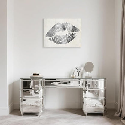 Silver Lip Wall Decor Lips Canvas Wall Art Glam Home Decor Framed Lip Painting Wall Picture for Bedroom Bathroom Makeup Room Wall Decoration 24x18Inch