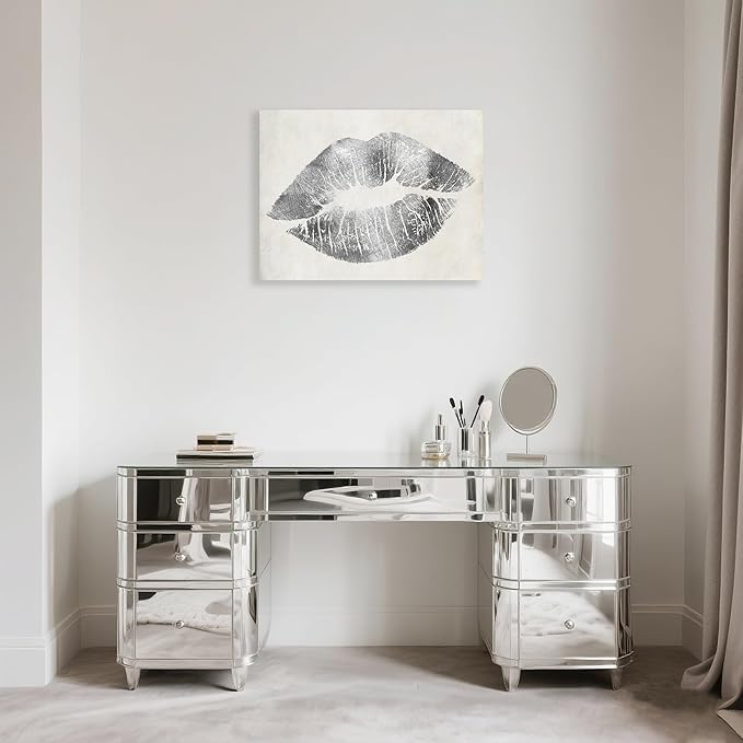 Silver Wall Decor Glam Lip Canvas Wall Art Gray and White Sexy Woman Lip Picture Painting Gallery Wrapped for Bedroom Makeup Room Decoration 16x12Inch