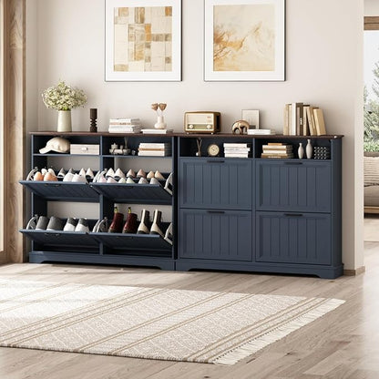 Shoe Storage Cabinet with 4 Flip Drawers, Farmhouse Modern Hidden Shoes Rack Cabinet with Adjustable Shelves & Open Storage, Narrow Slim Shoe Organizer for Front Door Entrance, Entryway, Navy Blue