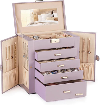 Homde Christmas Gifts Synthetic Leather Huge Jewelry Box Mirrored Watch Organizer Necklace Ring Earring Storage Lockable Gift Case (Grey Purple + Gold)