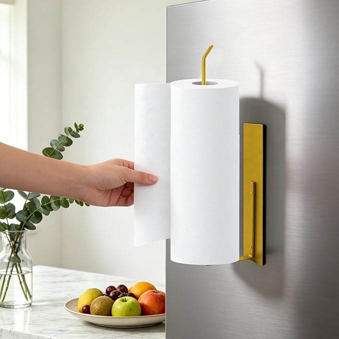 Gold Paper Towel Holder, Magnetic Paper Towel Holder for Fridge, Toilet Paper Roll Holder Magnet Towel Rack Wall Mount Fridge Organizer for Paper Towels Rolls Bathroom Pantry RV Kitchen Storage Golden