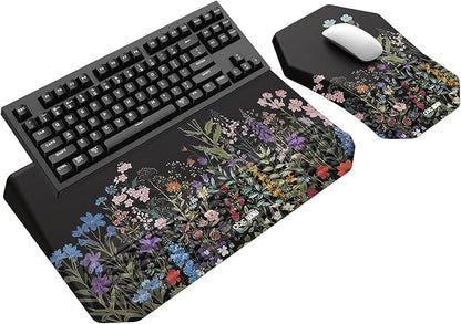 3-in-1 Ergonomic Keyboard Stand with Wrist Rest & Mouse Pad Set, Comfy Keyboard Riser Holder Soft Mousepad with Massage Design, Memory Foam and Non-Slip PU Base for Pain Relief, Flower
