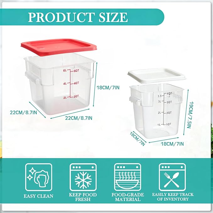 Lallisa 4 Pcs 8 Qt and 4 Qt Clear Food Storage Containers with Lids, Handles and Scales, Commercial Grade Square Containers Polycarbonate Air Tight for Home Storage Kitchen Restaurant(White, Red)