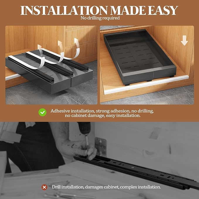 Seinloes 4 Pack Expandable Pull Out Cabinet Organizer 21" Deep With Raising Pad for Framed Cabinets,Upgrade 3 Slide Rails Slide Out Drawers,No Drill Roll Out Shelves,Adjustable Width 9"-14" Black