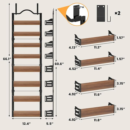 8-Tier Pantry Door Organizer, Over the Door Pantry Organizer with Wooden Adjustable Baskets, 2 IN 1 Spice Rack Wall Mount or Door Organizer, Door Spice Rack（12.4"W x 5.5"D x 66.1"H,1 Pack, Black)