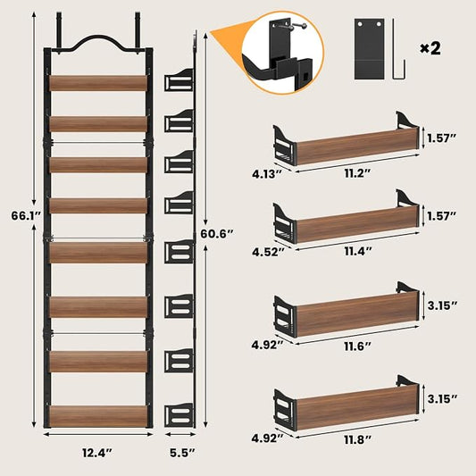 8-Tier Pantry Door Organizer, Over the Door Pantry Organizer with Wooden Adjustable Baskets, 2 IN 1 Spice Rack Wall Mount or Door Organizer, Door Spice Rack（12.4"W x 5.5"D x 66.1"H,1 Pack, Black)