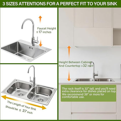 Over The Sink Dish Drainer Drying Rack 3 Tier, Full Stainless Steel Dish Drying Rack Adjustable Length 20.9''-37.4'', Kitchen Sink Shelf, Organized Space-Saving Dish Rack