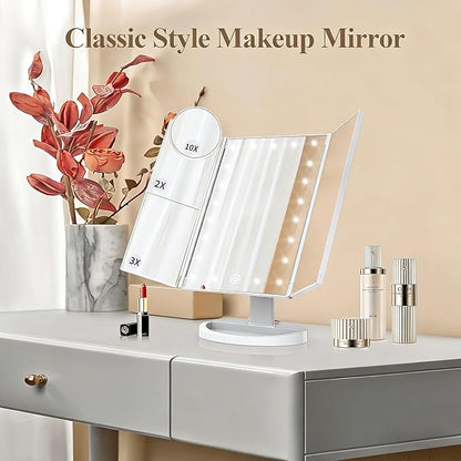 HUONUL Makeup Mirror, Vanity Mirror with Lights, 2X/3X/10X Magnification, Touch Control, Trifold, Dual Power Supply, Valentines Day Gifts for Her,Gifts for Women, Wife, Mom, Girls,Dorm Room Essentials