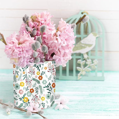 WAVEYU Desk Pen and Pencil Holder, Ceramic Multifunctional Organizer for Home, Office, and School, Green Floral Pattern