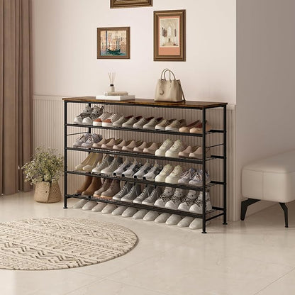SUOERNUO Shoe Rack 5 Tier Shoe Storage Organizer Metal Mesh Shelves with MDF Top Board for Entryway, Hallway, Closet,Bedroom，Living Room (Black+Rustic Brown, Large 5 Tier)