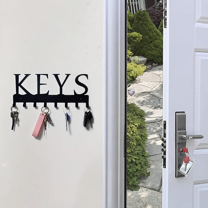 HappyHapi Key Holder Wall Mount, Metal Key Holder for Wall Decorative with 8 Key Hooks, Key Organizer Rack Hanger for Home, Entryway, Front Door, Hallway, Office, Matte Black, 11.4''4.9''0.6''
