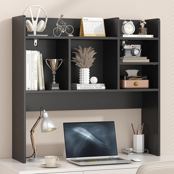 Desk Hutch with 6 Shelves, Desktop Bookshelf Organizer & Hutch Top for Desk, Over Desk Storage Shelf for Office, Home, Dorm | Space-Saving Design (Black)