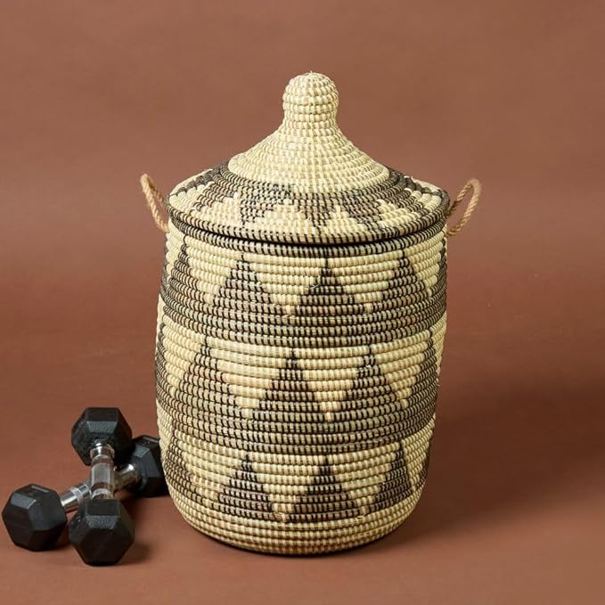 Decorative Storage Basket, Organizing, Bedroom Laundry Hamper, Nursery Toys Bin, Living Room Blanket Storage, Wicker, Woven, With Lid, Handles, Small, Black Beige