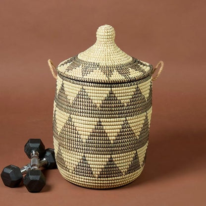 Decorative Storage Basket, Organizing, Bedroom Laundry Hamper, Nursery Toys Bin, Living Room Blanket Storage, Wicker, Woven, With Lid, Handles, Small, Black Beige