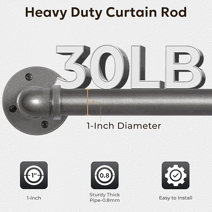 Zeerobee Curtain Rods for Windows 32 to 48, 1 Inch Industrial Wrap Around Grey Curtain Rod, Indoor/Outdoor Room Divider Adjustable Drapery Pole, 32"-48"