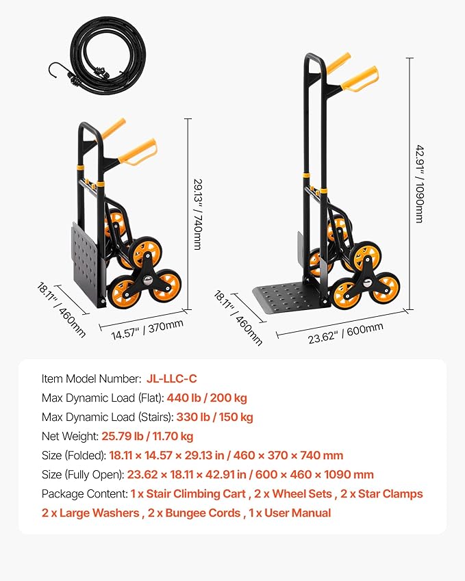 VEVOR Stair Climbing Cart 440 lbs, 330 lbs Stair-Climbing Capacity, Heavy-Duty Folding Trolley Cart with Telescoping Handle, 6 Wheels and 2 Bungee Cords for Home, Groceries, Warehouse
