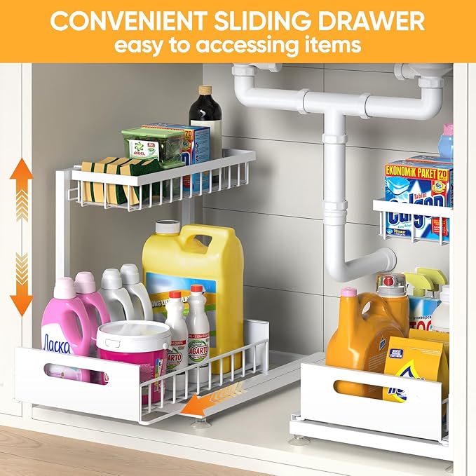 Under Sink Organizer Storage 2-Tier Premium Metal Pull-Out Kitchen Cabinet Organizer with Sliding Drawer, Height Adjustable, Heavy Duty for Kitchen & Bathroom Organizers 1 Pack White