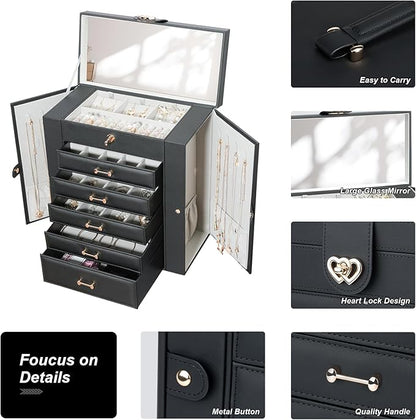 Large Jewelry Organizers and Storage, Large Jewelry Box for Women Large Jewelry Organizer, Women Jewelry Box with Mirror, Best Women Gift, Black
