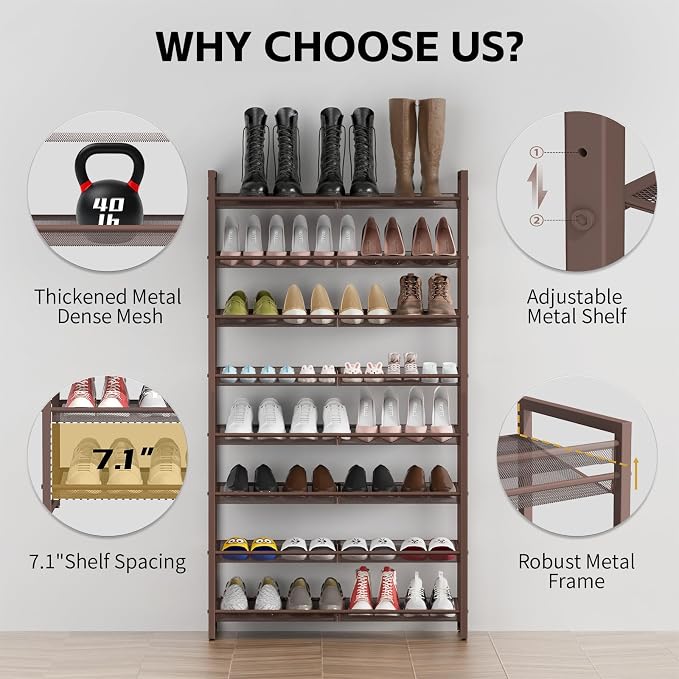 8Tier Metal Tall Shoe Rack,Large Shoe Rack for Closet,entryway,Garage, with Adjustable Flat or Angled Shelves, Hold 32-40 Pairs Shoes ﻿