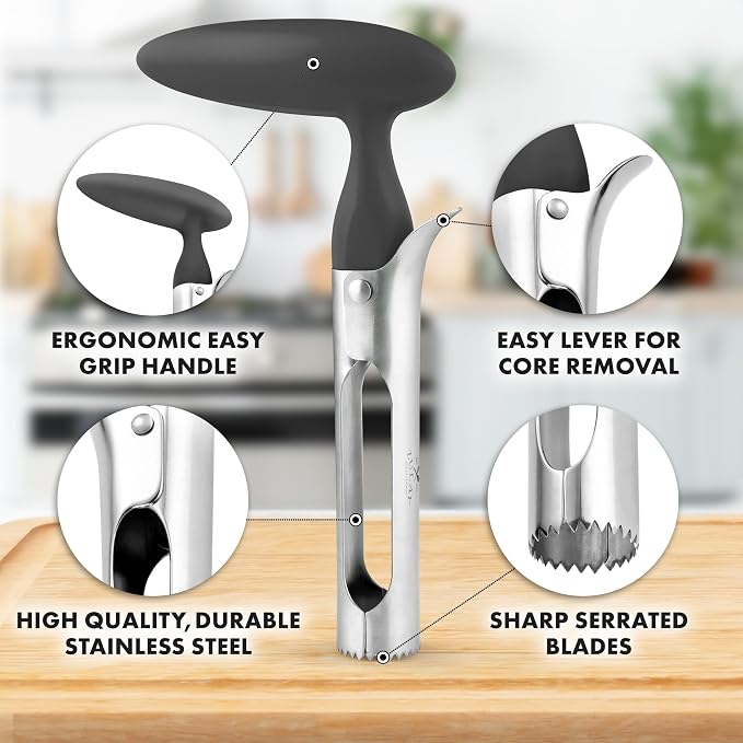 Zulay Kitchen Ultra Sharp Apple Corer Tool - Stainless Steel, Sharp & Serrated Blade Cores in Seconds - Easy to Use & Clean, Durable Apple Core Remover for Apples & Small Fruits - Gray