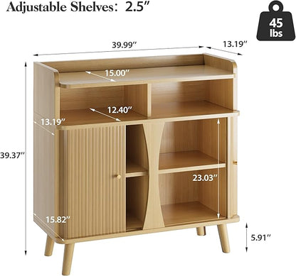 39" Buffet Sideboard Cabinet, Mid Century Modern Console Cabinet with Roller Shutter Sliding Doors & Adjustable Shelves for Kitchen Cabinets, Living Room, Entryway, Coffee Bar Cabinet (Oak)